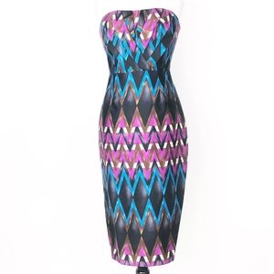 tracy reese • graphic geometric print pleated bust strapless pencil wiggle dress